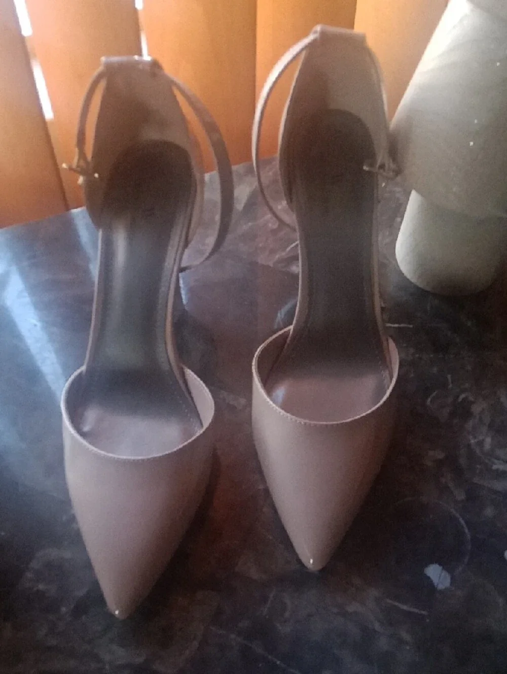 Pointed-Toe Ankle-Strap Heels in Blush Nude
